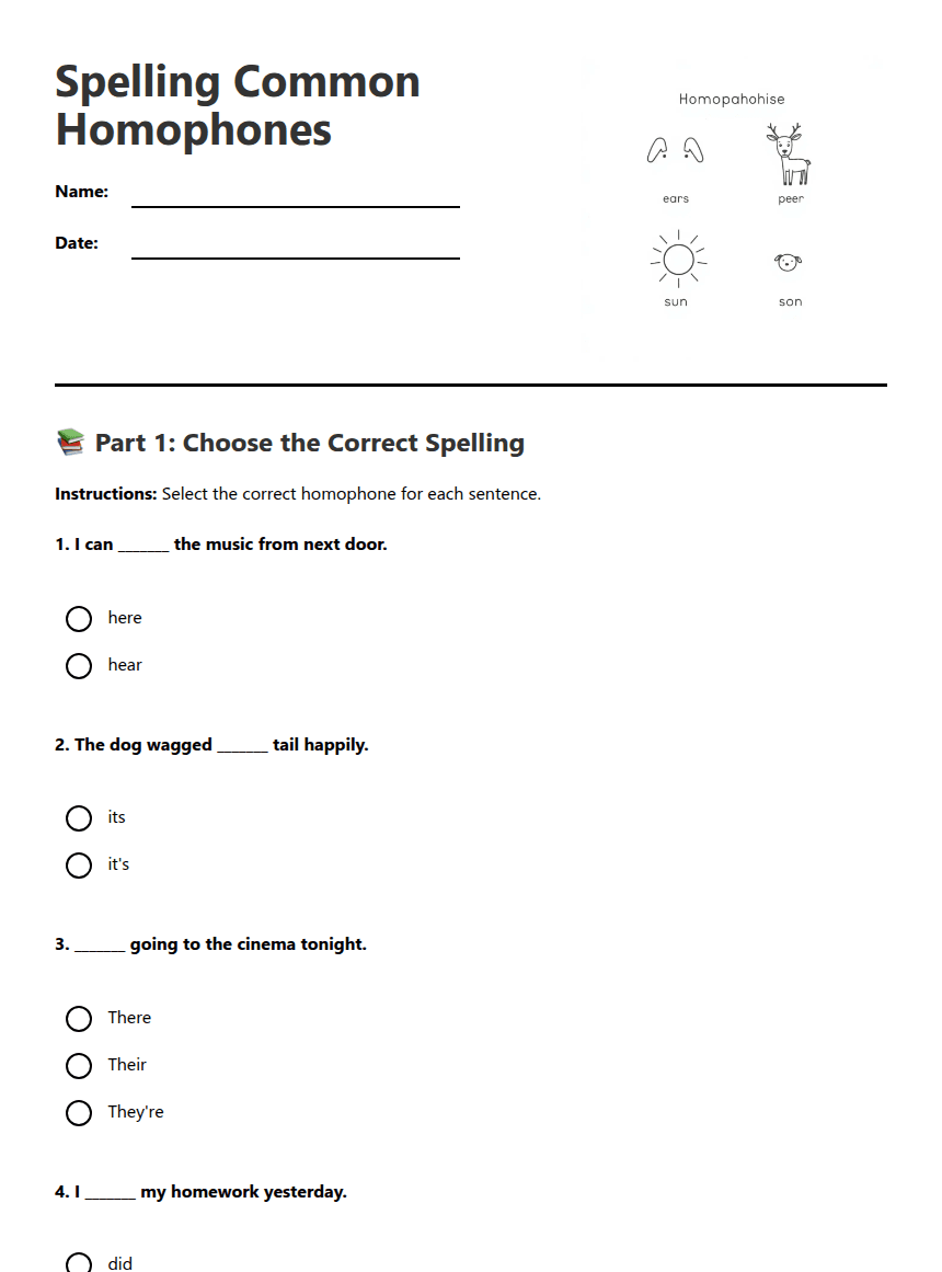 Spelling Common Homophones worksheet preview