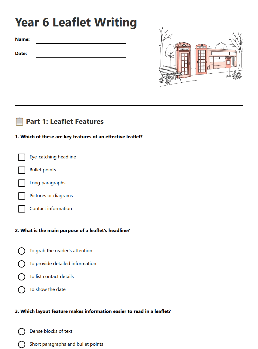 Year 6 Leaflet Writing worksheet preview