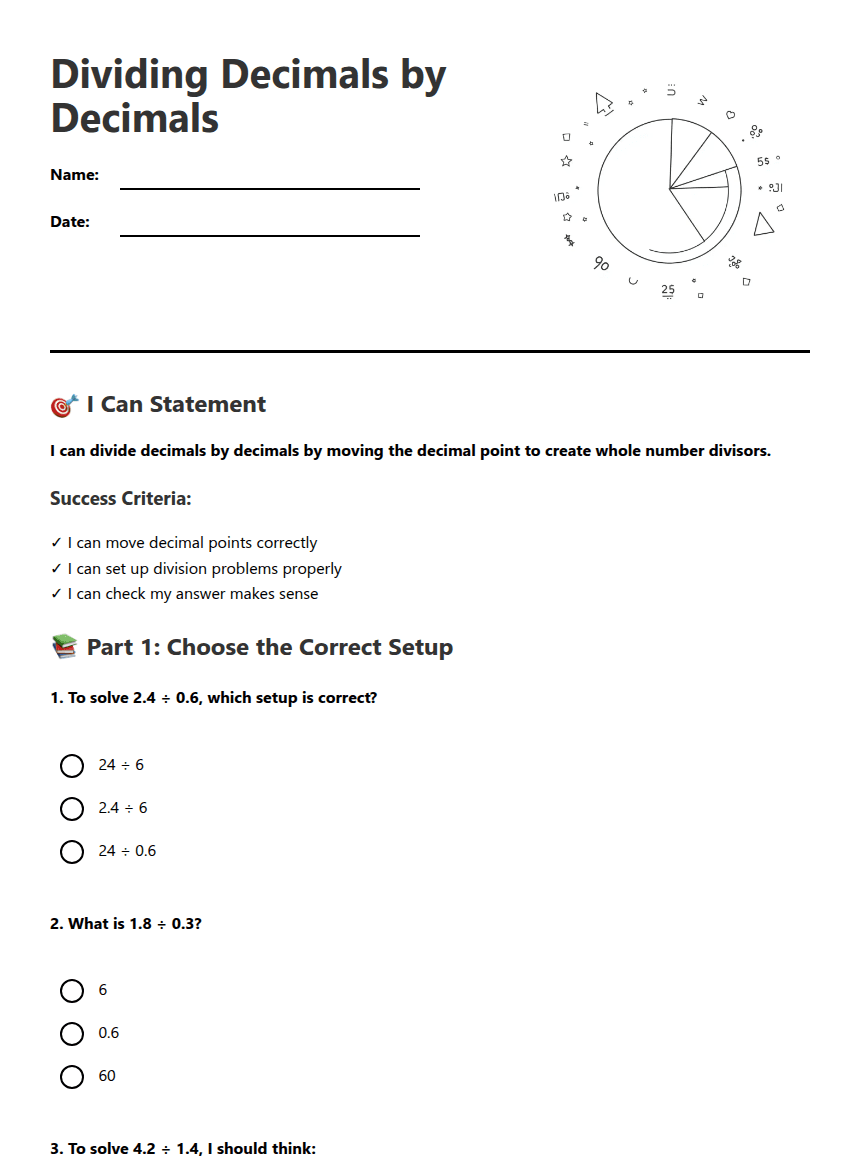 Dividing Decimals by Decimals worksheet preview