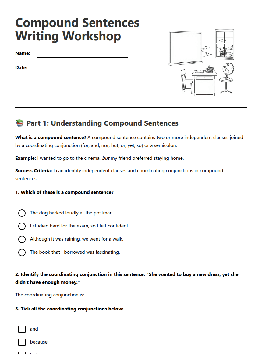 Compound Sentences Writing Workshop worksheet preview