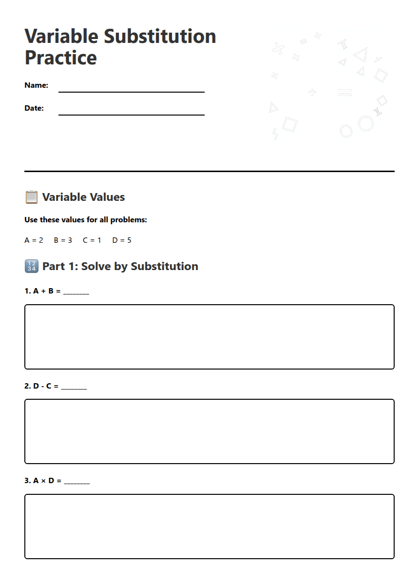 Variable Substitution Practice worksheet preview