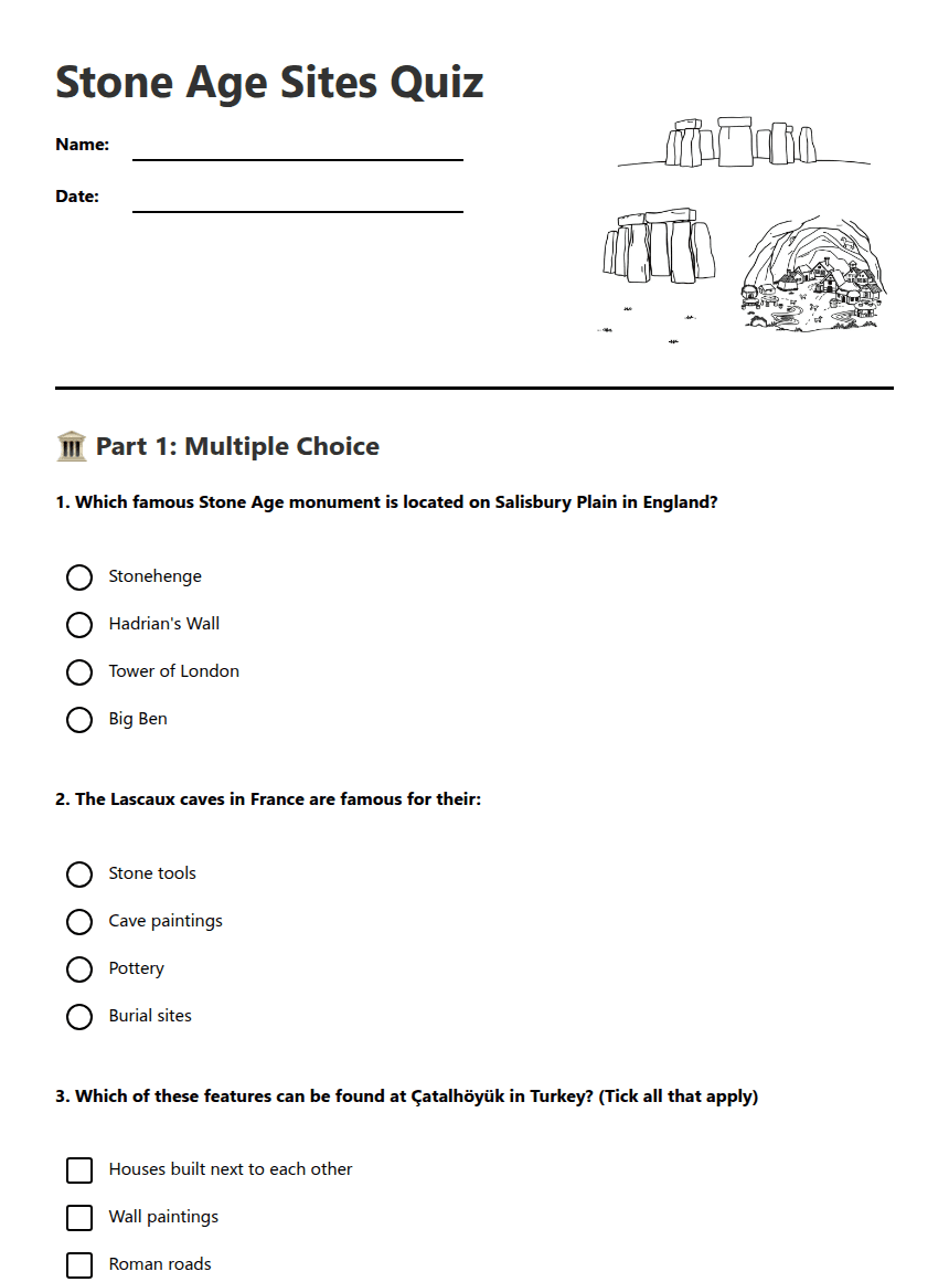 Stone Age Sites Quiz worksheet preview