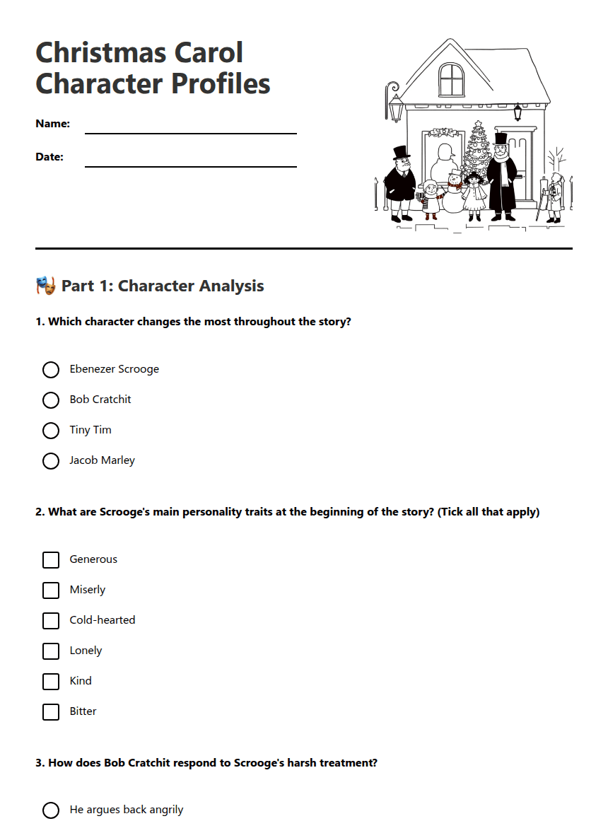 Christmas Carol Character Profiles worksheet preview