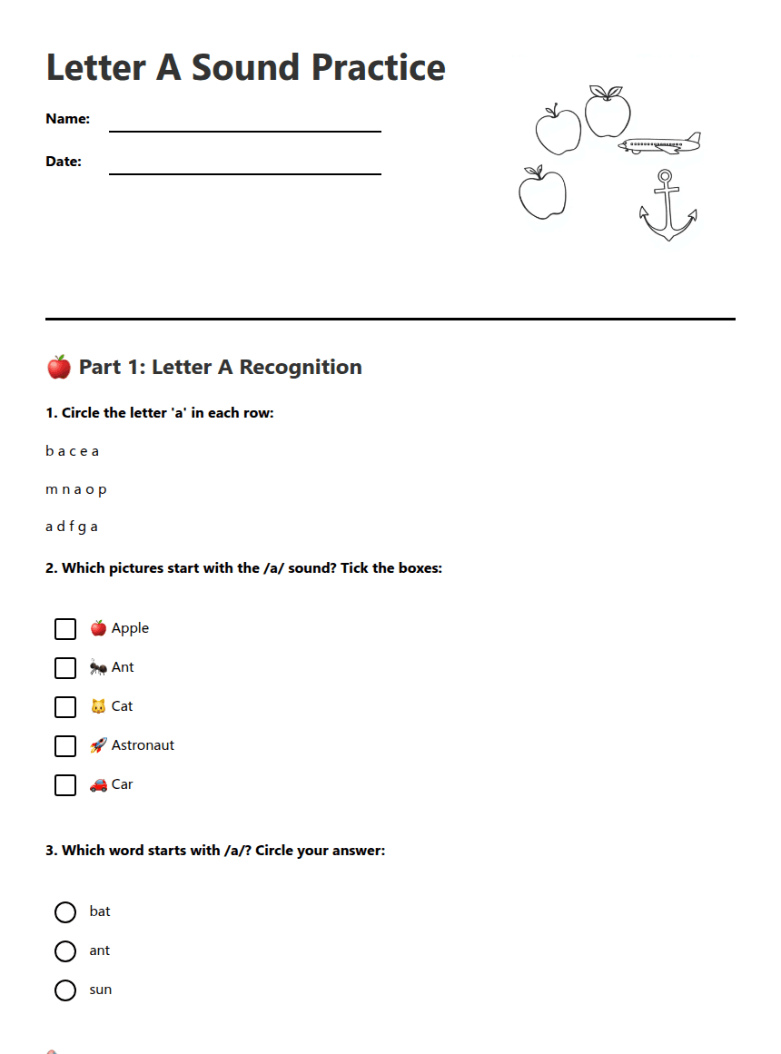 Letter A Sound Practice worksheet preview