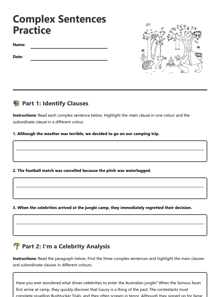 Complex Sentences Practice worksheet preview