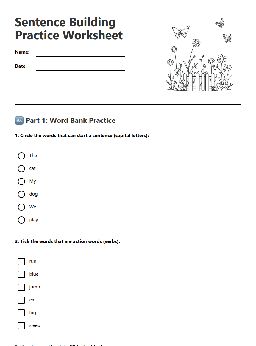 Sentence Building Practice Worksheet worksheet preview