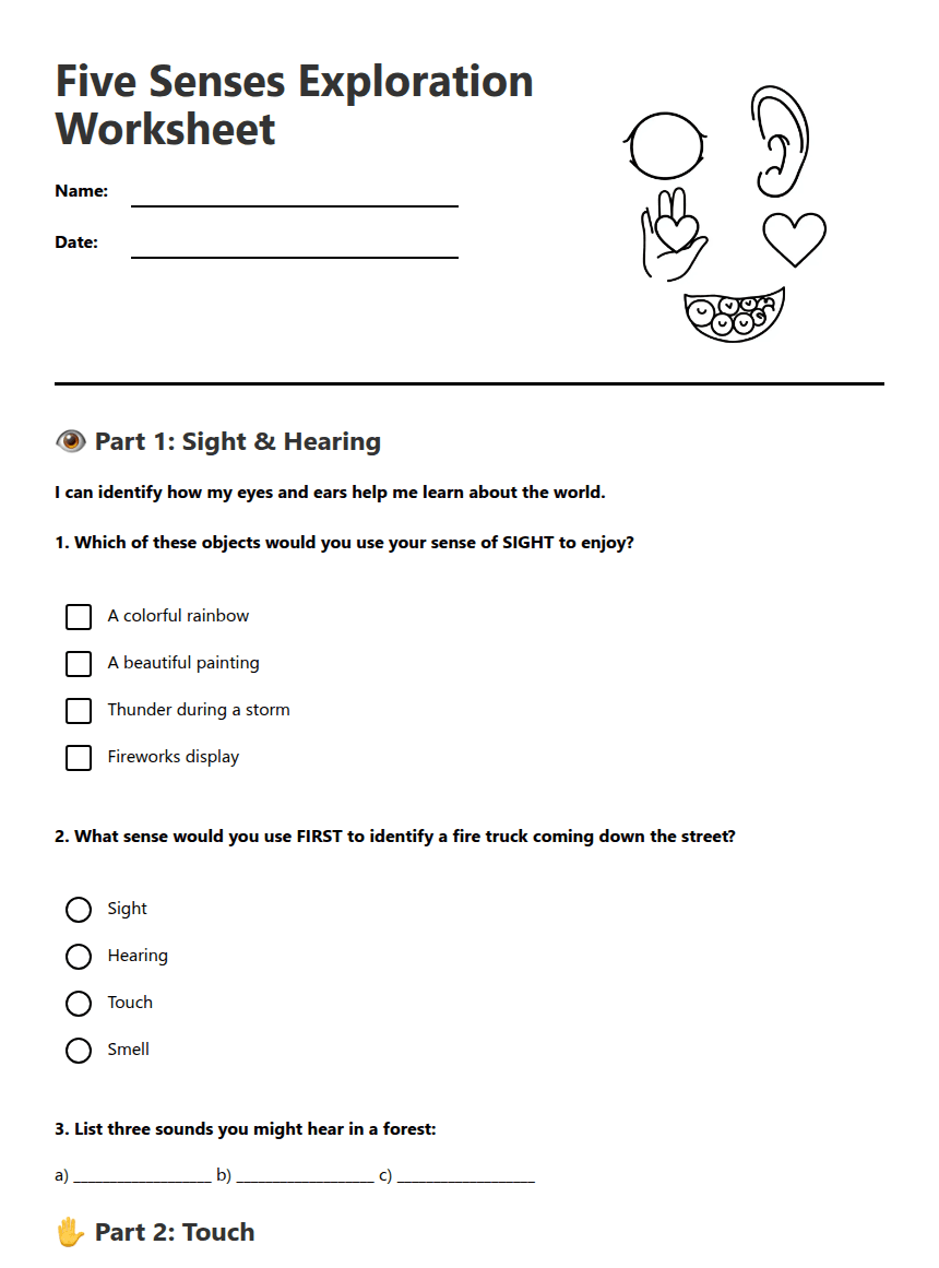 Five Senses Exploration Worksheet worksheet preview