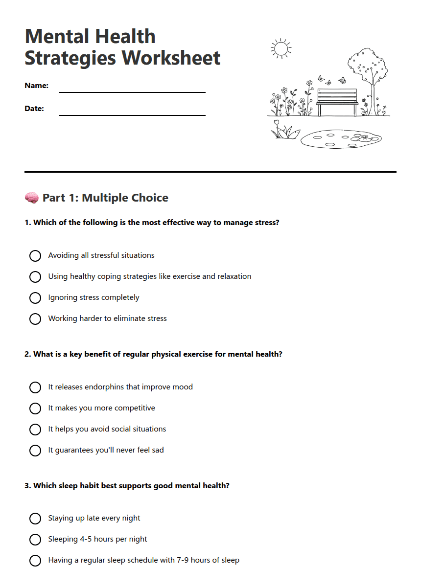 Mental Health Strategies Worksheet worksheet preview