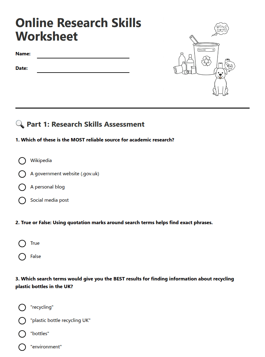 Online Research Skills Worksheet worksheet preview