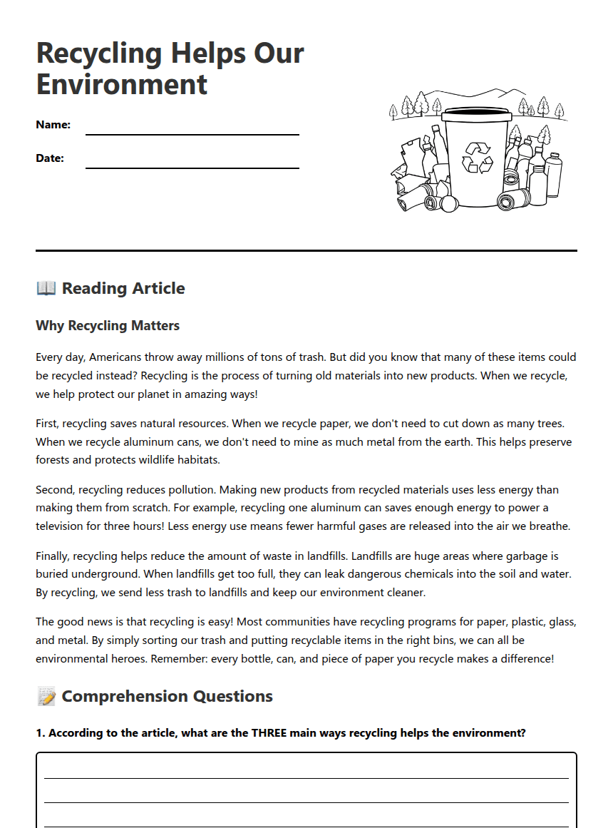 Recycling Helps Our Environment worksheet preview