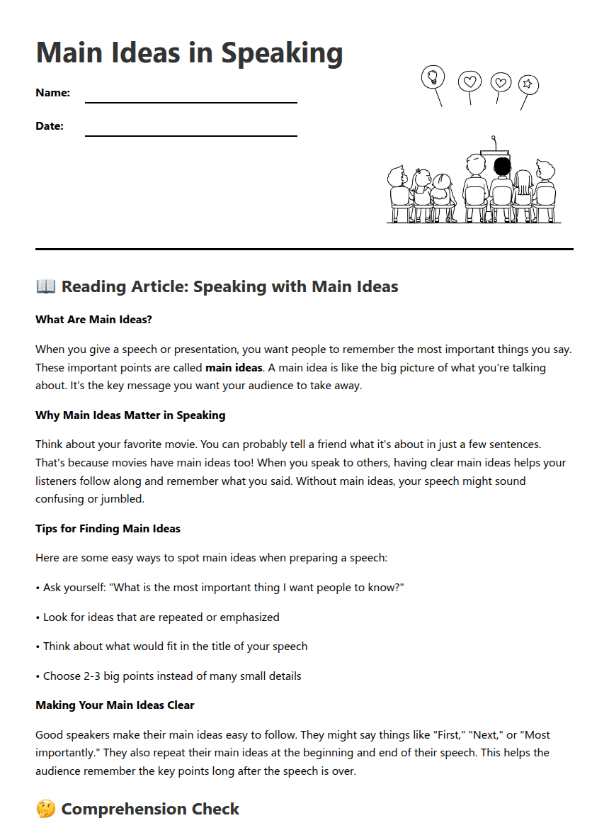 Main Ideas in Speaking worksheet preview