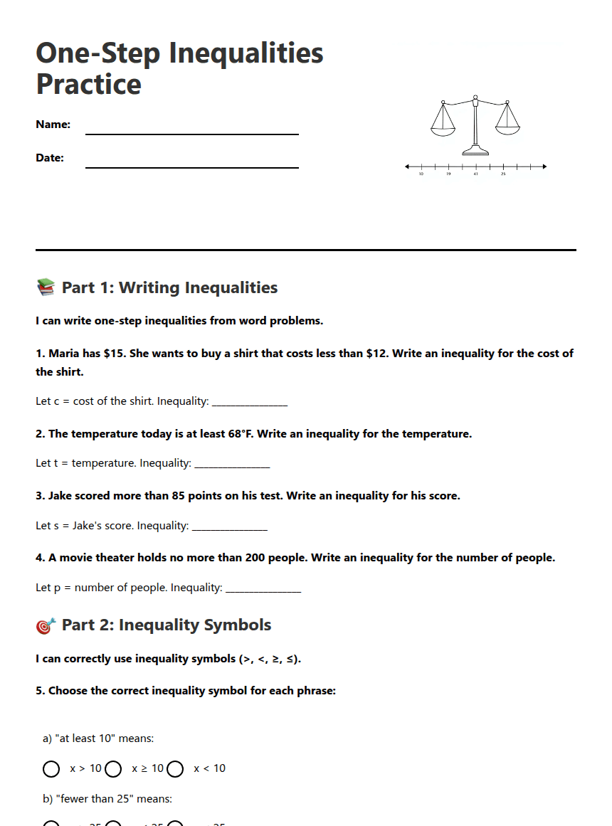 One-Step Inequalities Practice worksheet preview