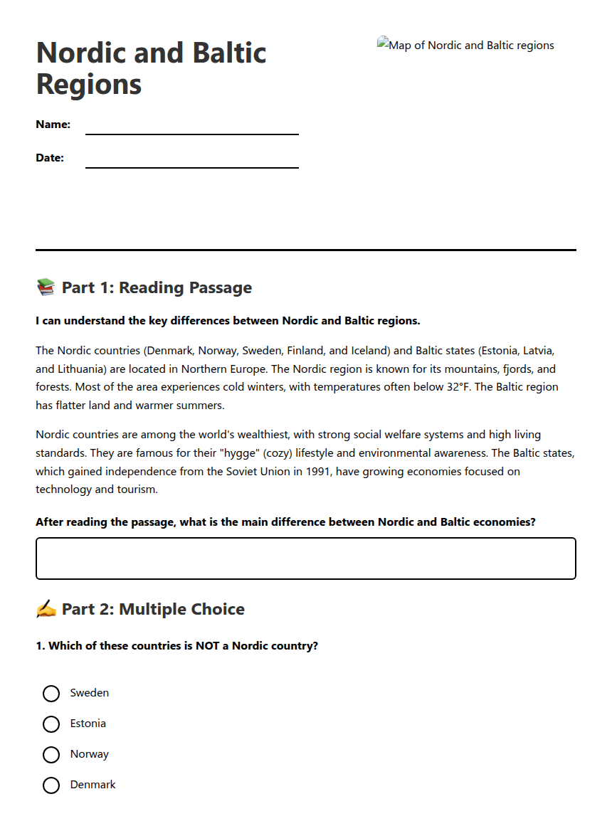Nordic and Baltic Regions worksheet preview