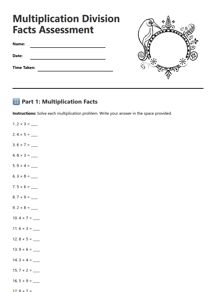 Multiplication Division Facts Assessment worksheet preview