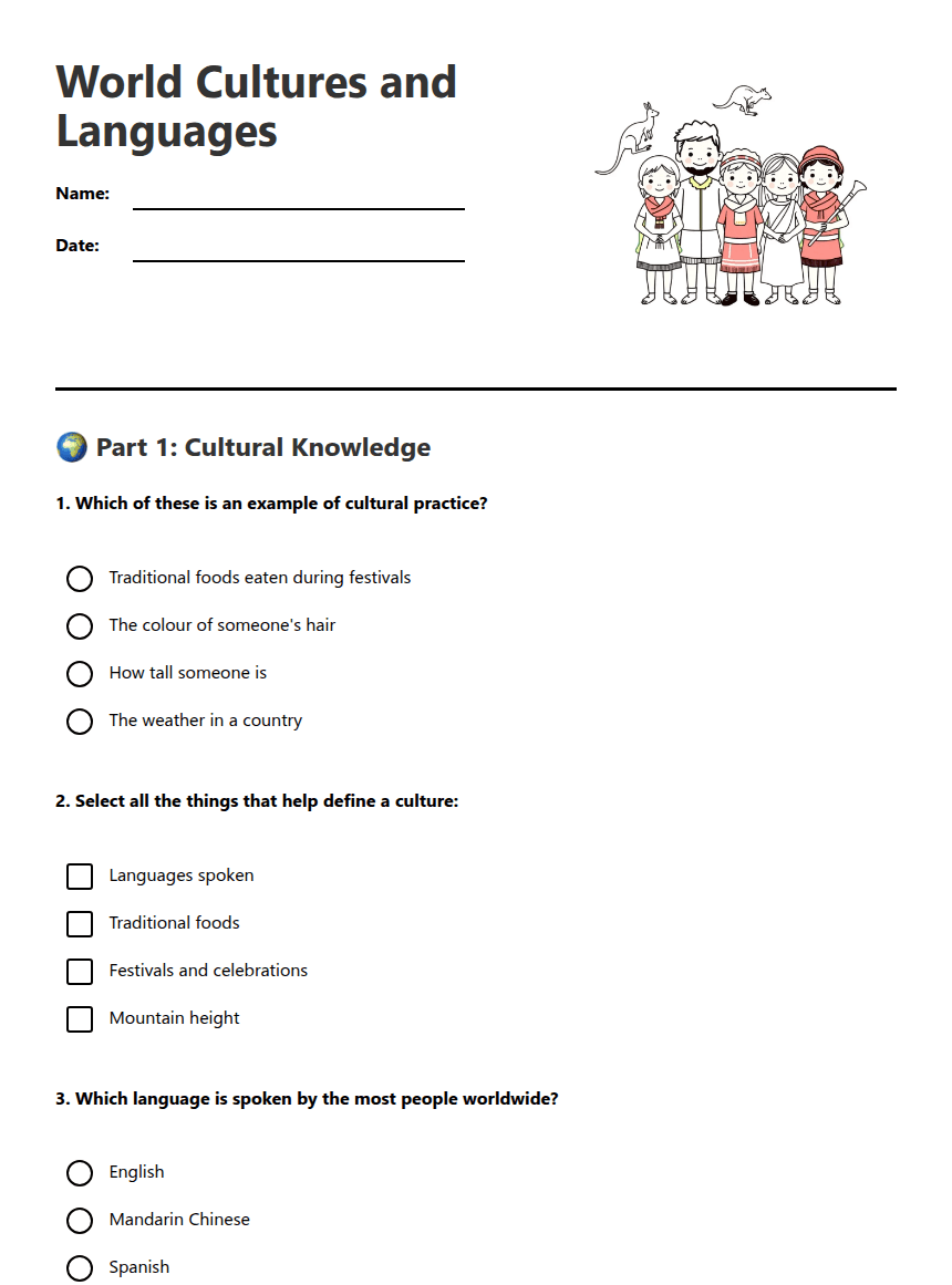 World Cultures and Languages worksheet preview