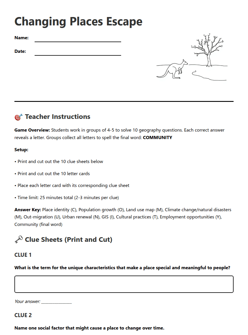 Changing Places Escape worksheet preview