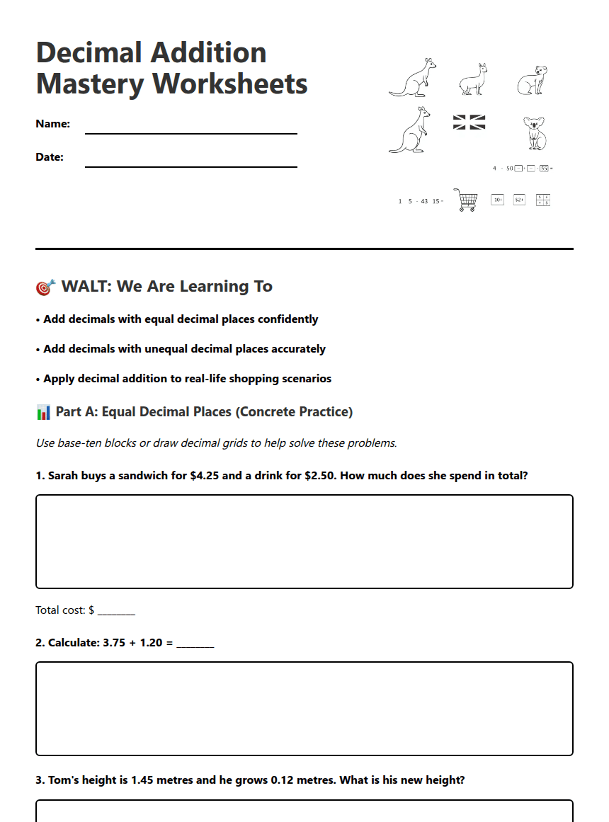 Decimal Addition Mastery Worksheets worksheet preview