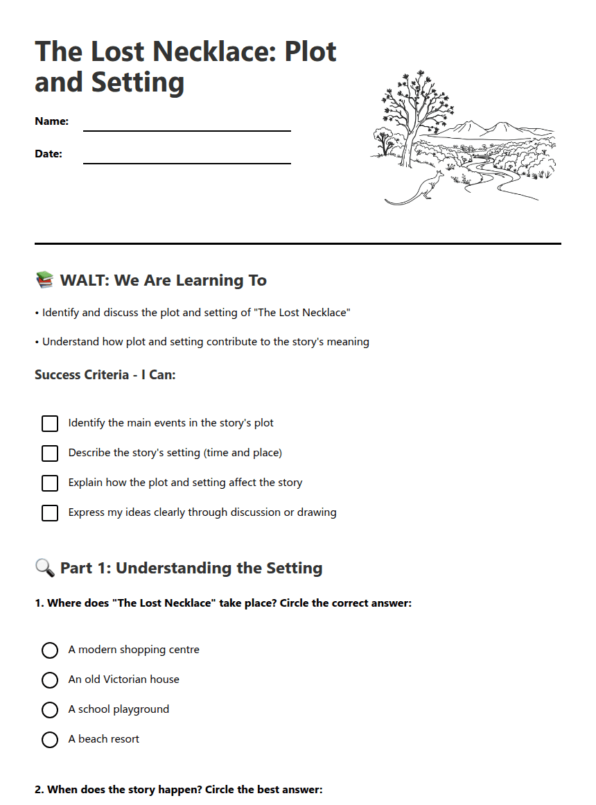 Lost Necklace Plot Setting worksheet preview