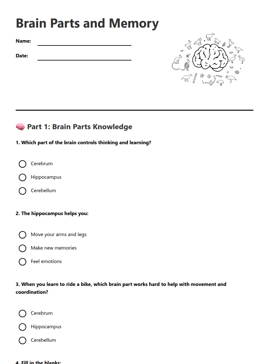 Brain Parts and Memory worksheet preview