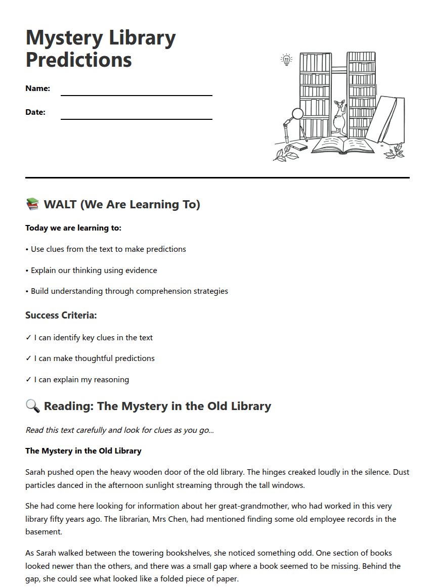 Mystery Library Predictions worksheet preview