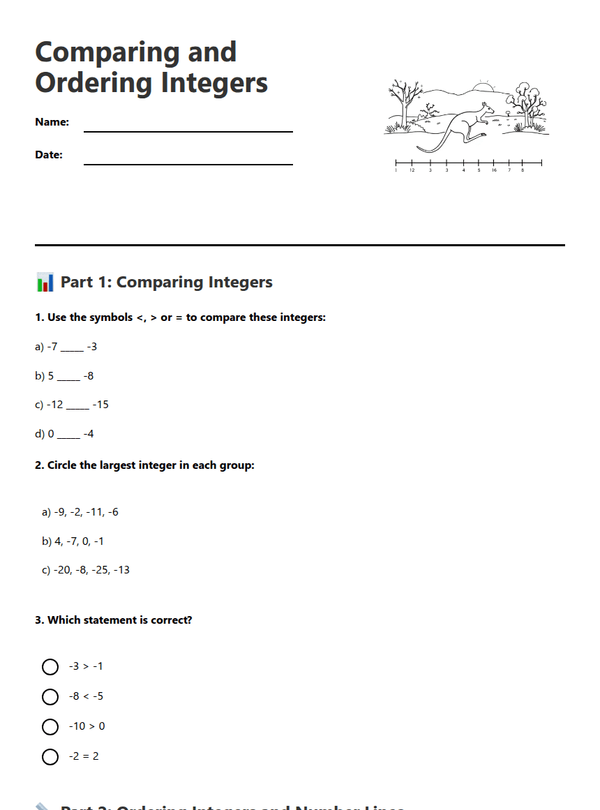 Comparing and Ordering Integers worksheet preview