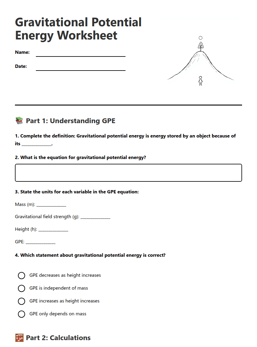 Gravitational Potential Energy Worksheet worksheet preview