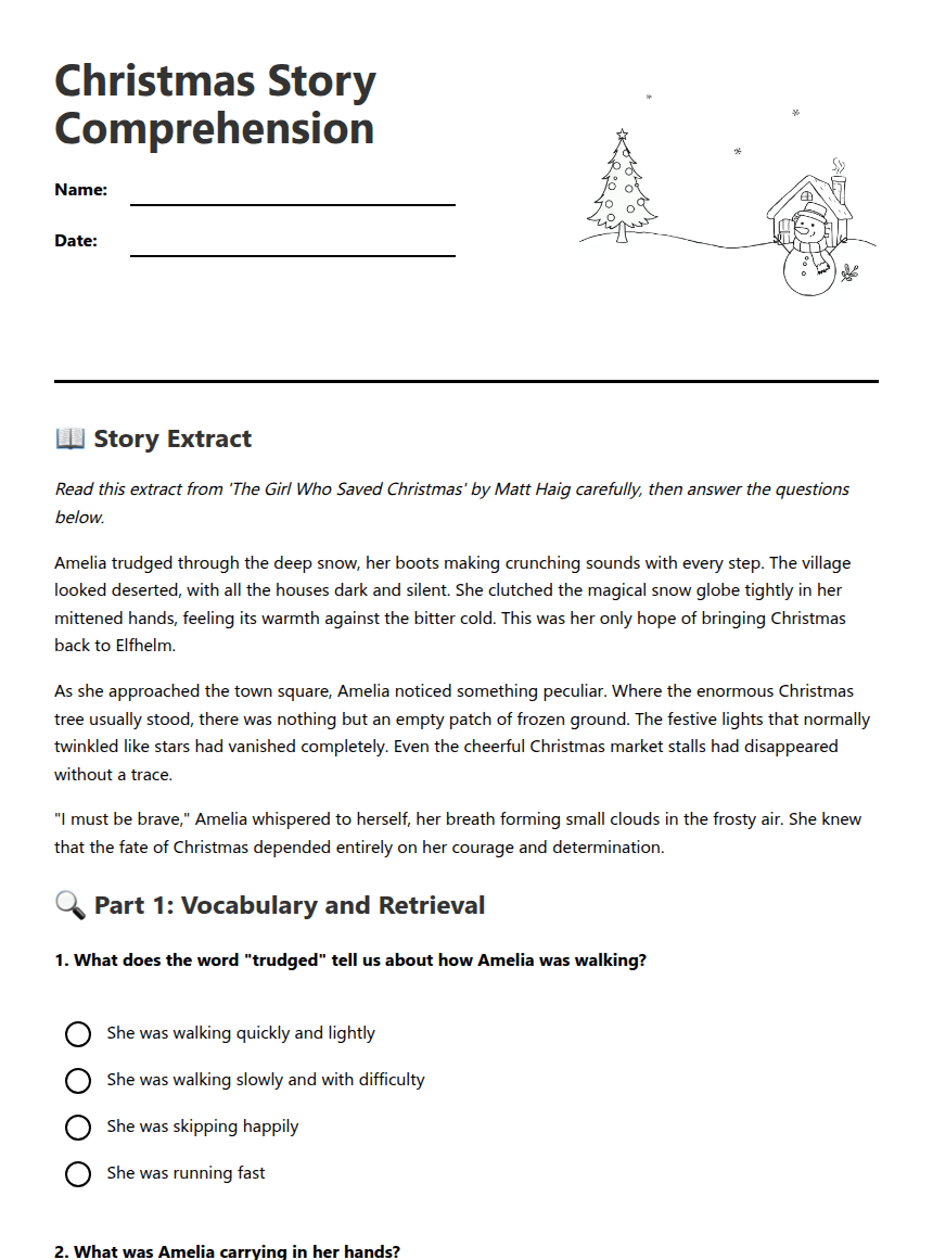 Christmas Story Comprehension worksheet preview