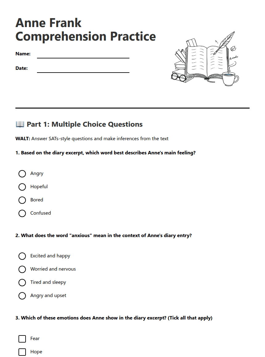 Anne Frank Comprehension Practice worksheet preview