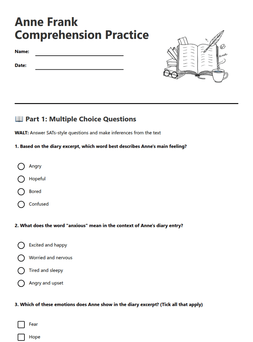 Anne Frank Comprehension Practice