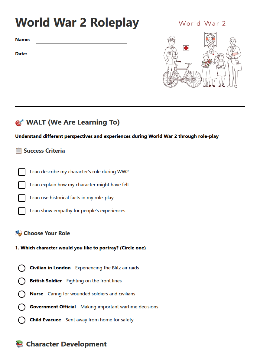 World War 2 Roleplay worksheet preview