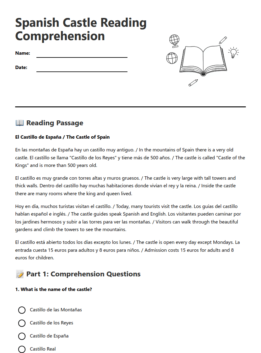 Spanish Castle Reading Comprehension worksheet preview