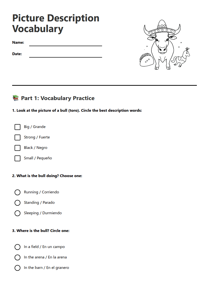 Picture Description Vocabulary worksheet preview