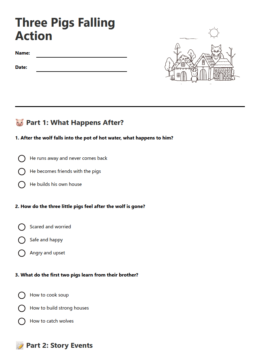 Three Pigs Falling Action worksheet preview