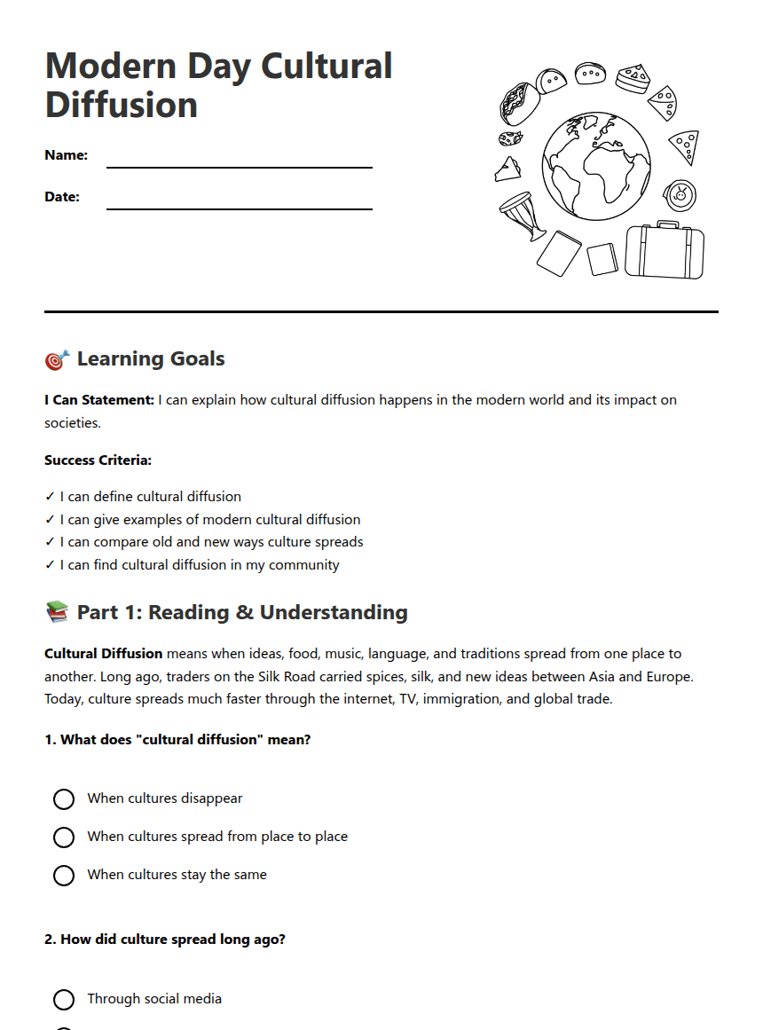Modern Day Cultural Diffusion worksheet preview