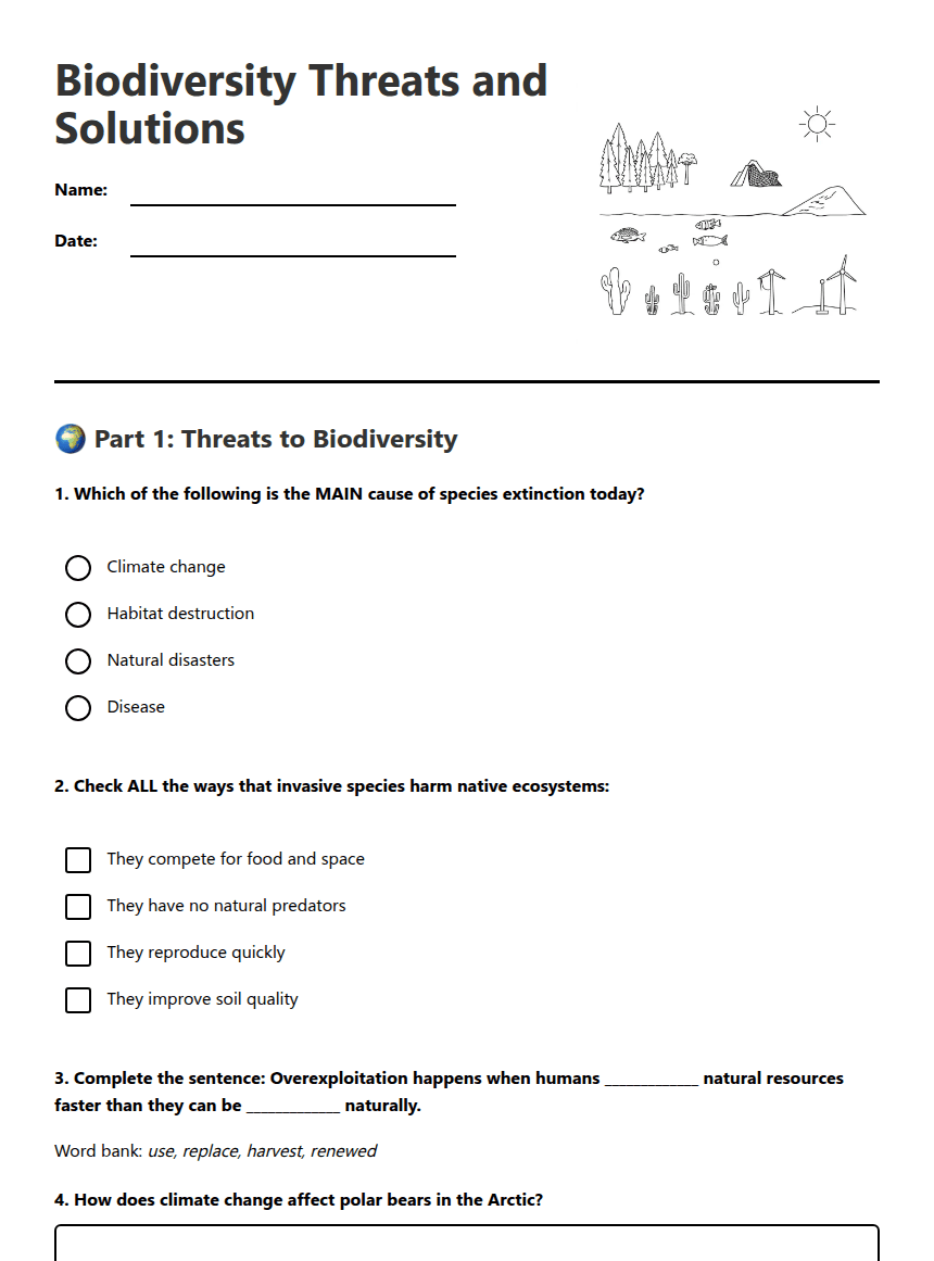 Biodiversity Threats and Solutions worksheet preview