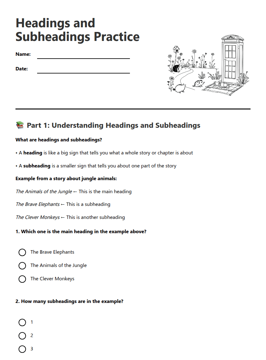 Headings and Subheadings Practice worksheet preview