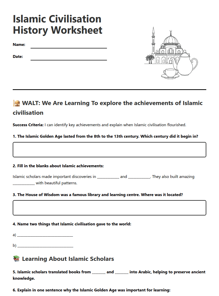 Islamic Civilisation History Worksheet worksheet preview