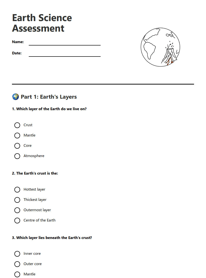 Earth Science Assessment worksheet preview