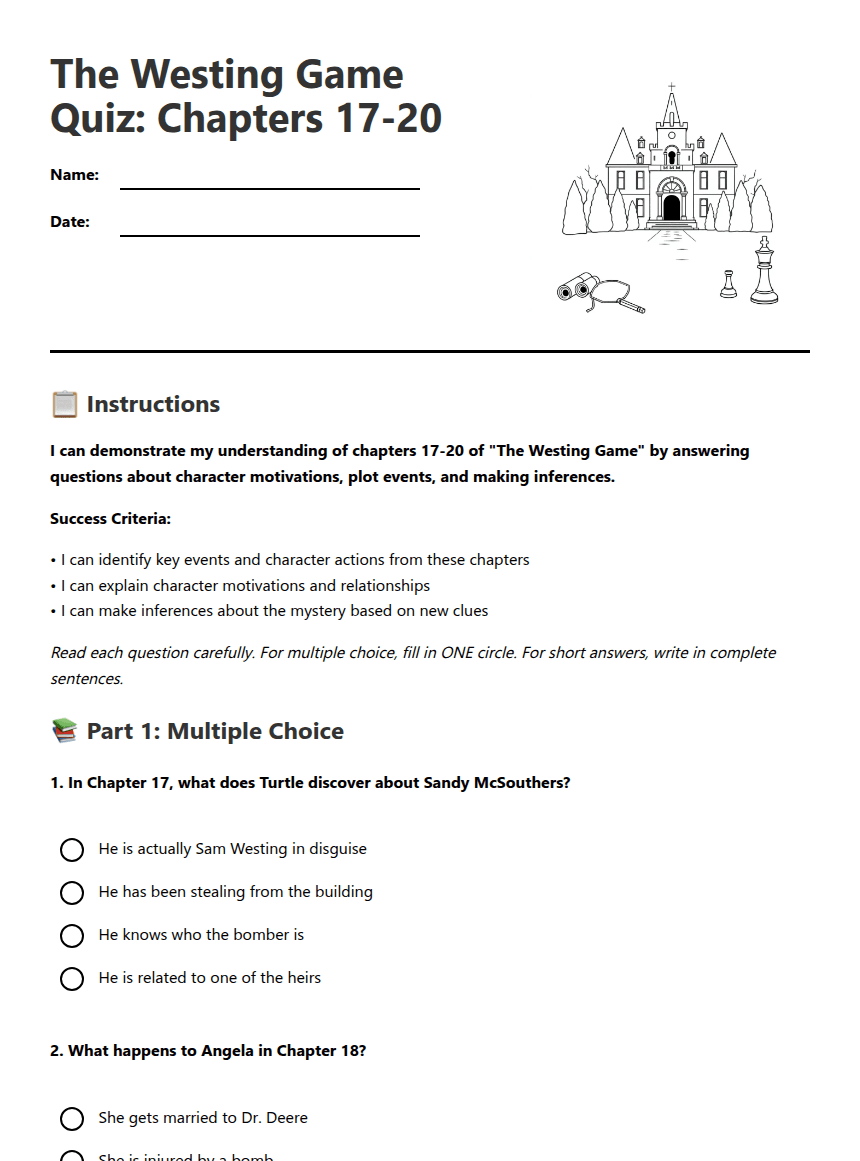 Westing Game Quiz worksheet preview