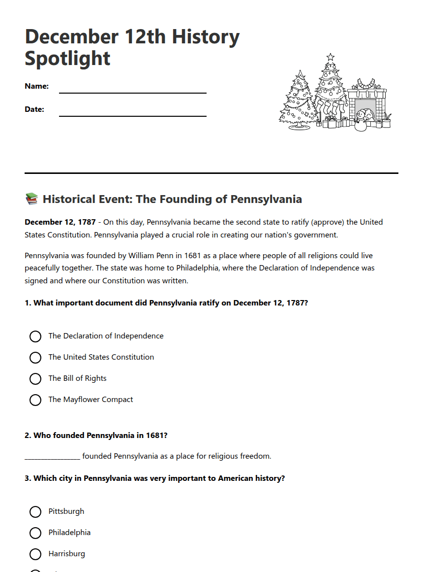 December 12th History Spotlight worksheet preview