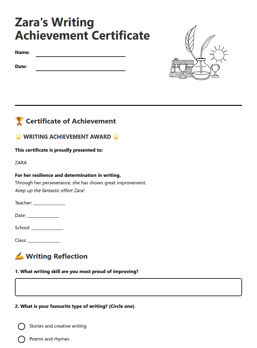 Zara's Writing Achievement Certificate worksheet preview