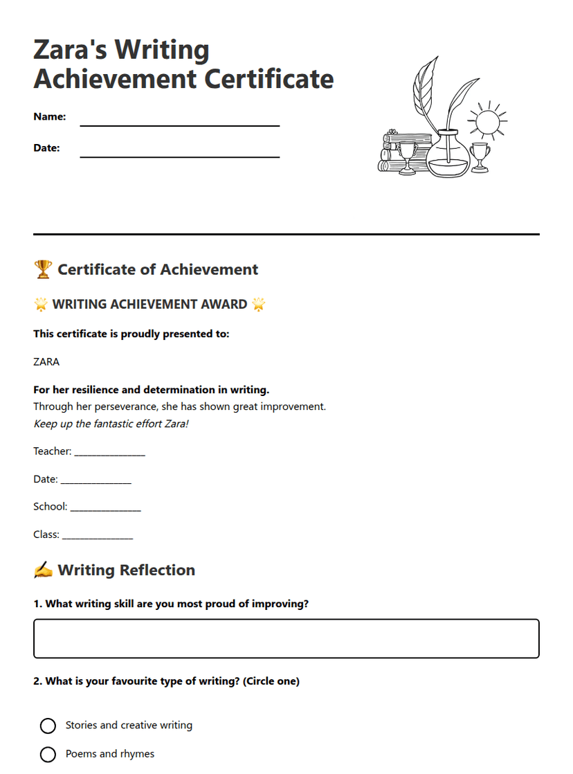 Zara's Writing Achievement Certificate