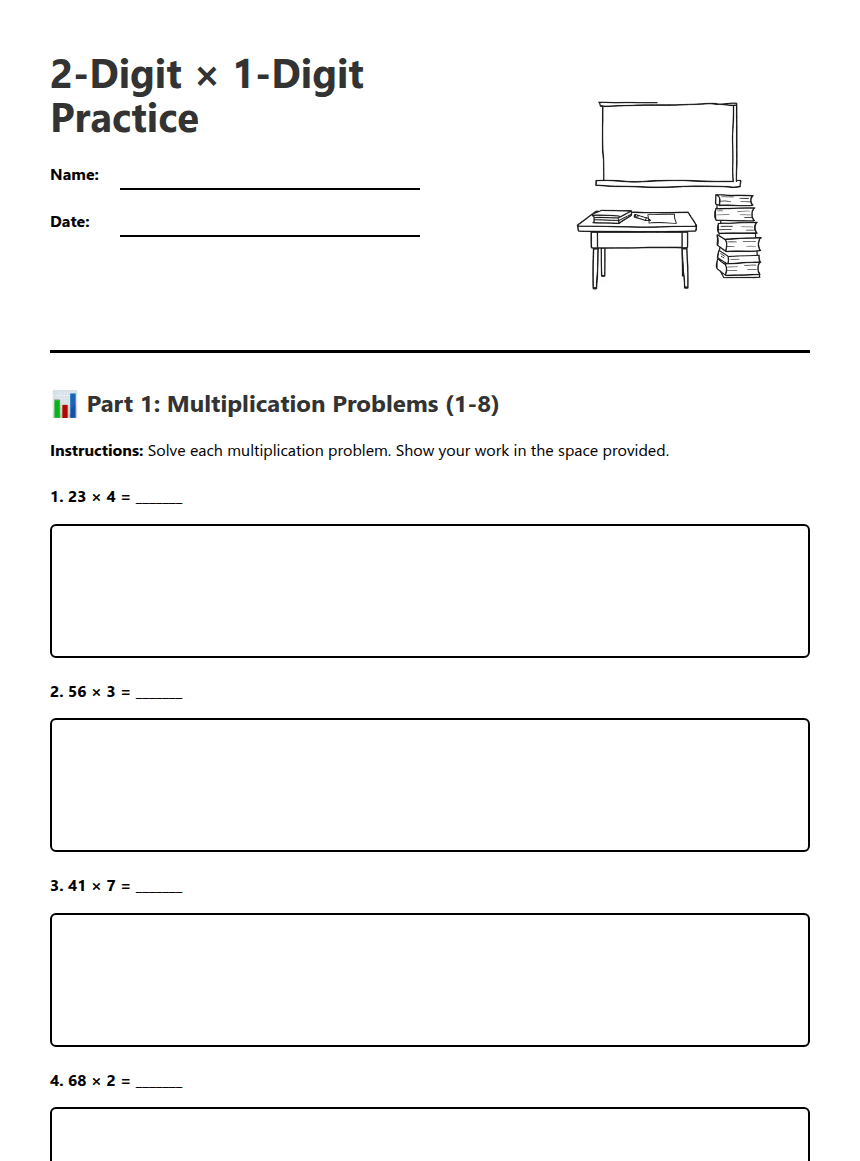 2-Digit × 1-Digit Practice worksheet preview