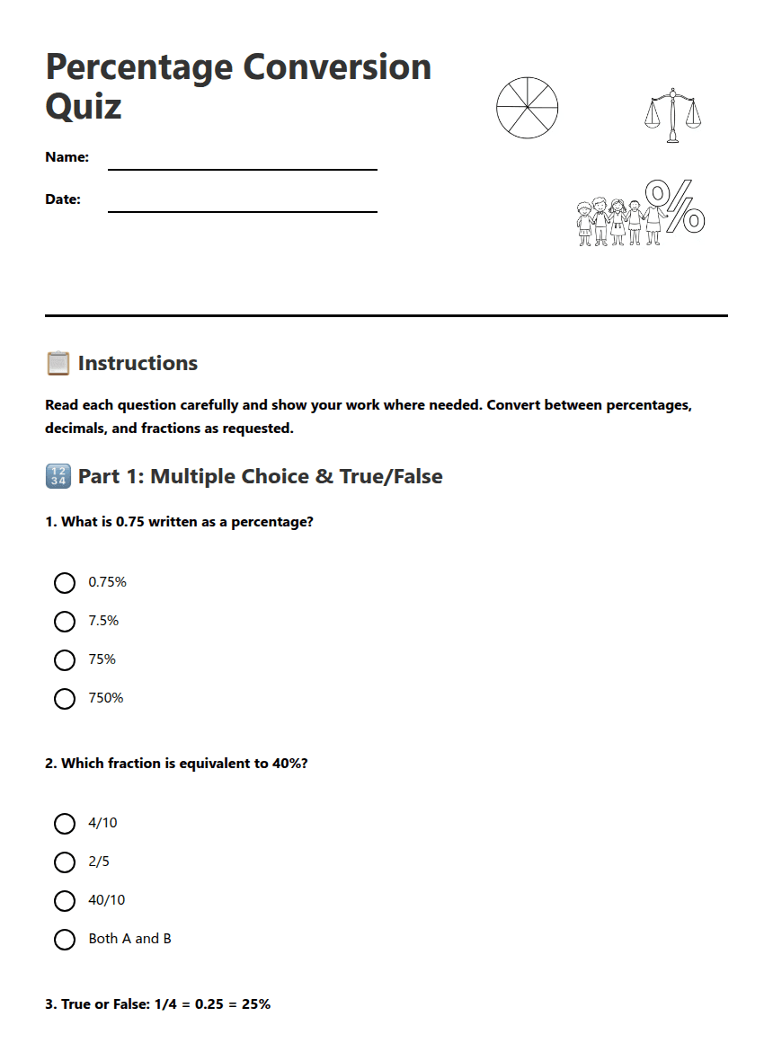 Percentage Conversion Quiz worksheet preview