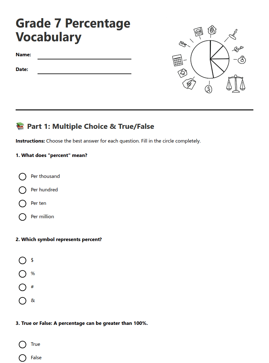Grade 7 Percentage Vocabulary worksheet preview