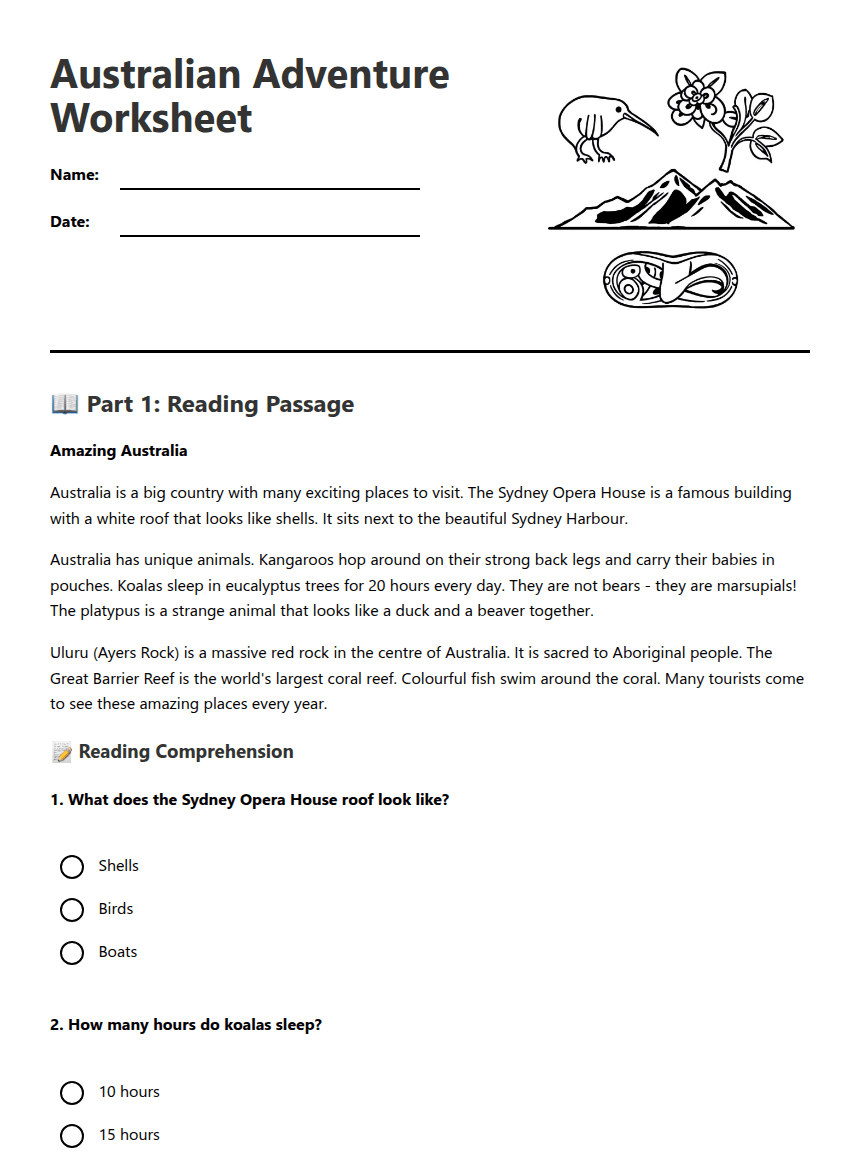 Australian Adventure Worksheet worksheet preview