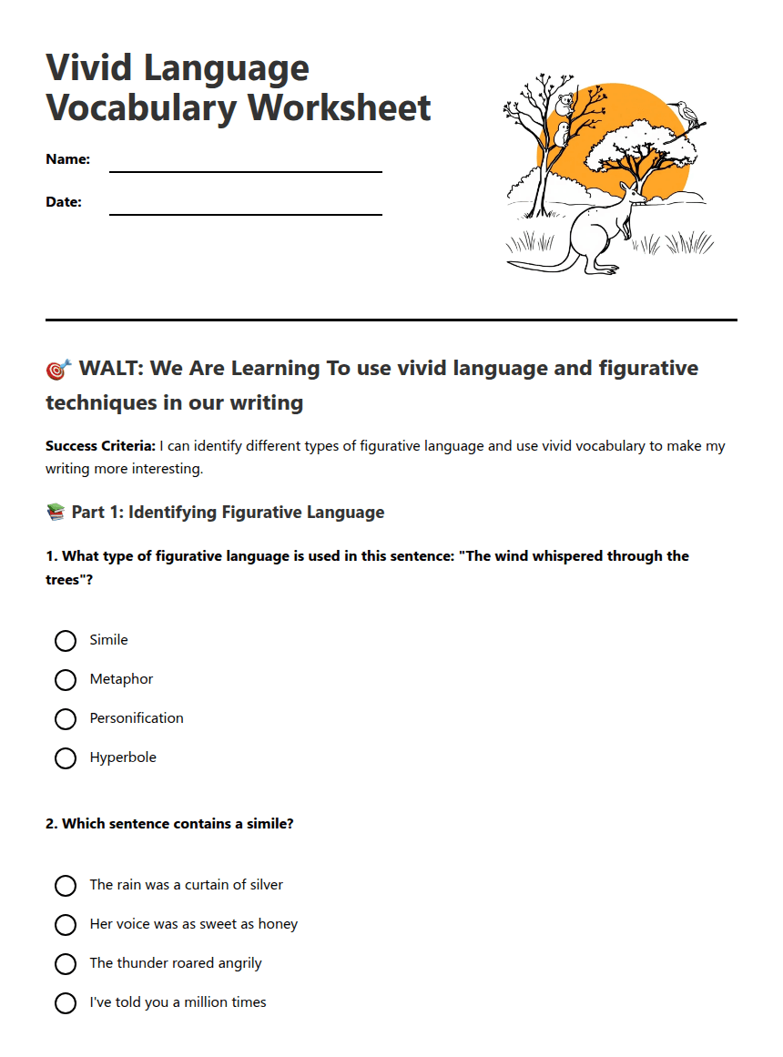 Vivid Language Vocabulary Worksheet worksheet preview