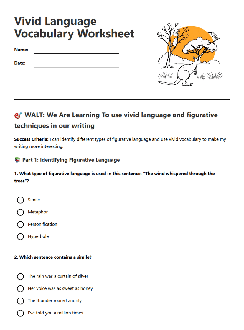 Vivid Language Vocabulary Worksheet