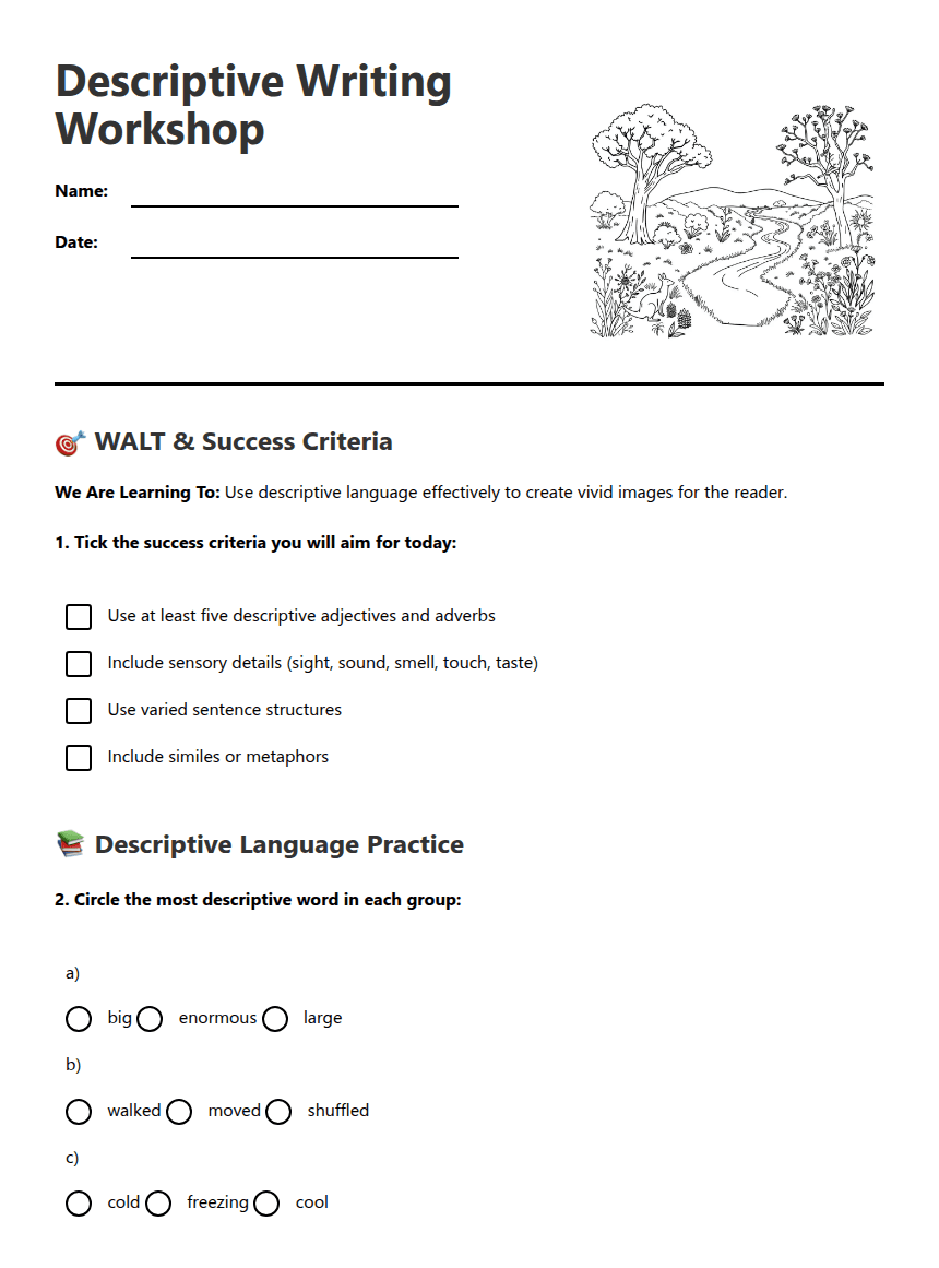 Descriptive Writing Workshop worksheet preview