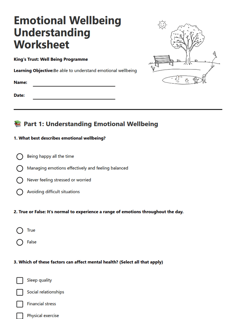 Emotional Wellbeing Understanding Worksheet